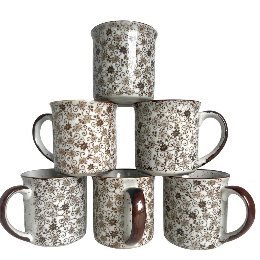 Chintz Calico Ceramic Coffee Mugs 6 Brown & White Earthtone Floral Speckl